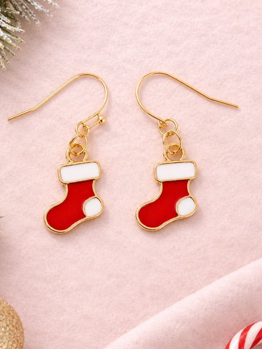 Christmas Stocking Dangle Earrings Red White Enamel Gold Holiday Festive